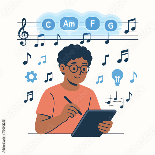 Student composing music using AI chord suggestions shown as small floating chips illustration