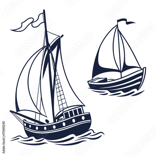 A vector illustration of a vintage sailing ship with a mast and a sail is shown as an isolated silhouette on a white background