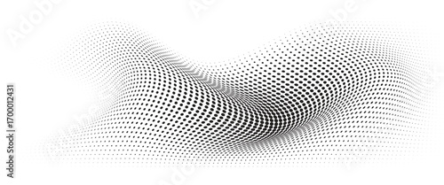Flowing Wave Dot Halftone Pattern: Curve Gradient Shape on Transparent Background. Suitable for AI, Tech, Network, Digital, Science, and Technology Themes.
