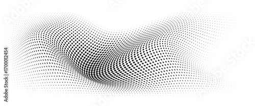 Flowing Wave Dot Halftone Pattern: Curve Gradient Shape on Transparent Background. Suitable for AI, Tech, Network, Digital, Science, and Technology Themes.