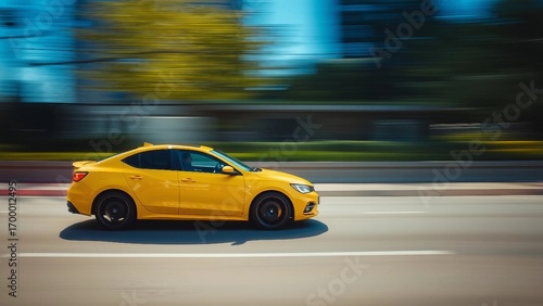 car driving in motion, yellow car on high speed