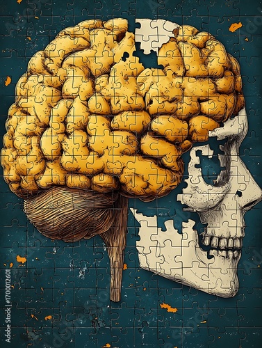 Skull Puzzle Mockup with Brain Pieces Missing in Profile