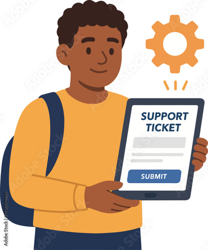 Student using a tablet to request assistive tech a small gear icon sends a support ticket illustration