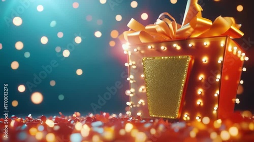 A gold box with a red bow on top. The box is on a table with red confetti