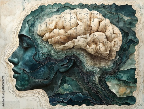 Abstract Woman Profile Mockup with Puzzle Brain in Earthy Tones