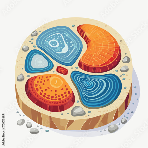 Circular Cross Section With Colorful Abstract Layers And Stones