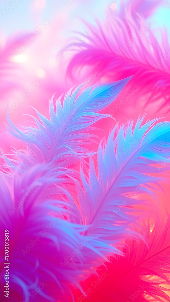 Fototapeta premium Vibrant pink and blue feathers in soft focus, close-up abstract design.