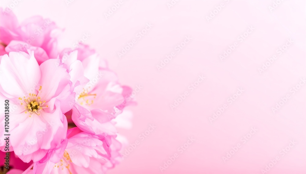 Fototapeta premium Delicate pink cherry blossoms on a pastel pink background