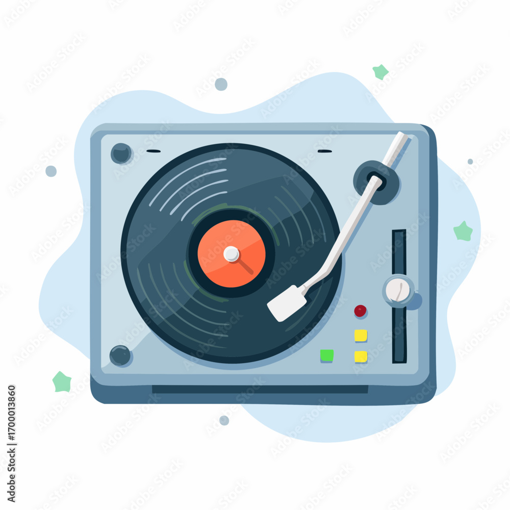 Fototapeta premium Gray Record Player With Orange Center On Light Blue Abstract Background
