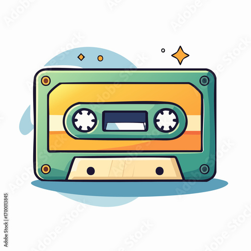 Green And Orange Retro Cassette Tape On Blue Abstract Background