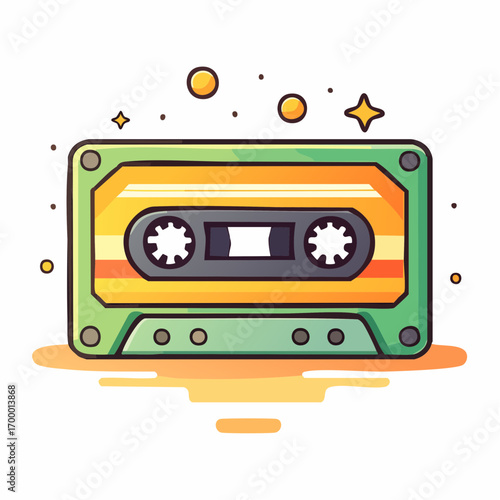 Green And Gold Retro Cassette Tape With Orange And Yellow Stripes On Orange Background