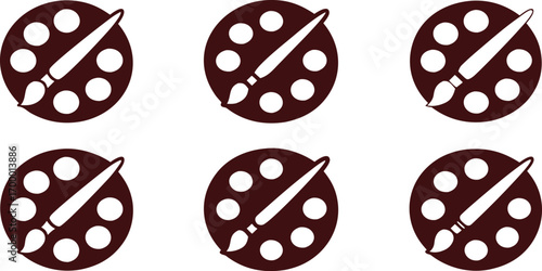 Aesthetically Pleasing Repetitive Pattern of Chocolate Brown Circular Art Palettes with Paint Brushes Embellishing a White Canvas