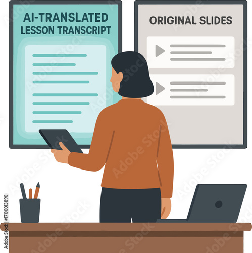 Teacher previewing an AI-translated lesson transcript side-by-side with original slides illustration