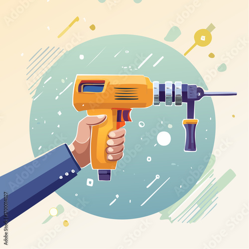 Hand Holding Yellow Power Drill on Teal and Cream Abstract Background