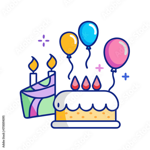 Birthday cake with candles, happy birthday cake, happy birthday clip art, happy birthday clip art vector icon, isolated on a white background.