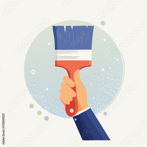 Hand Holding A Paint Brush On Blue Background