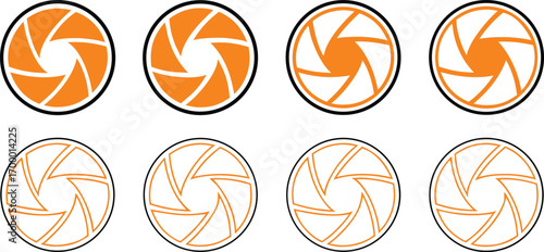 Aperture Icon Array Displaying Different F-Stops and Focus with Orange, Black and White Circular Designs on a White Background