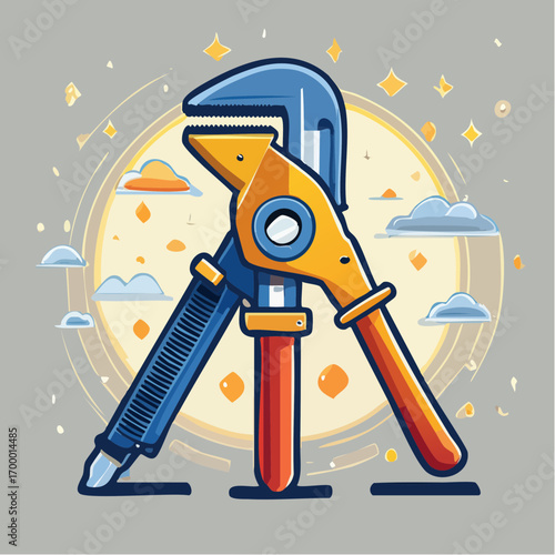 Pixel Art Pipe Wrench and Caulk Gun on Gray Background