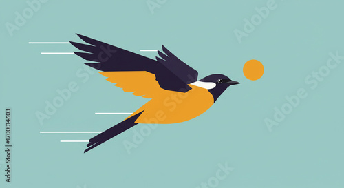 Bird flying swiftly with orange circle in a minimalist style  