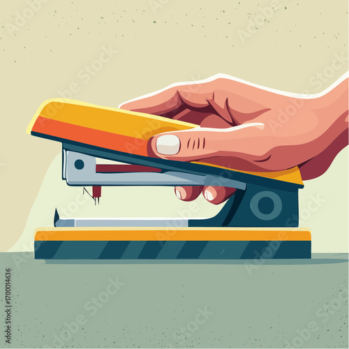Hand Holding Orange Stapler On Table