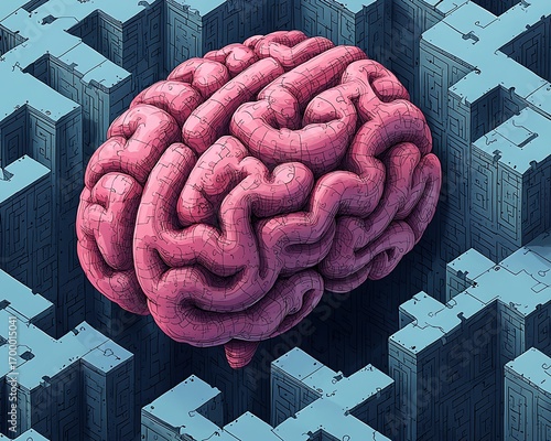 Brain and Maze Mockup with Pink Brain over Blue Maze