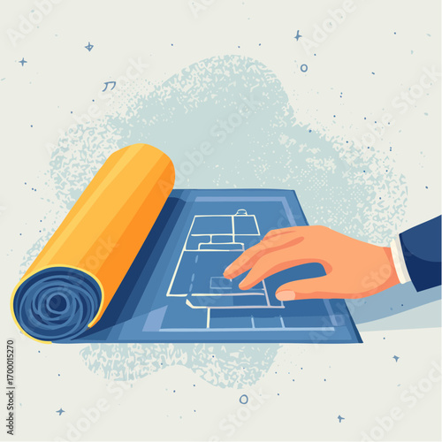 Hand Reviewing Blueprints on Light Background