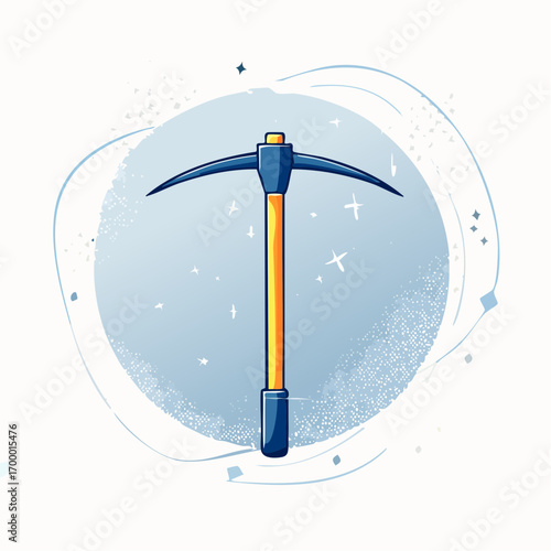 Pixel Art Pickaxe with Blue Handle and Gold Head on Blue Background