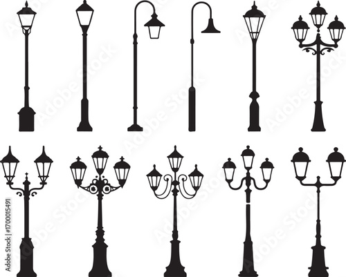 Silhouette Street Lamp Collection Vector Art Illustration: Outdoor Lighting Set Isolated