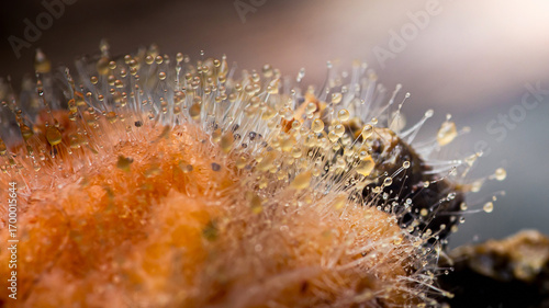 Mold growing on rotten orange fruit with droplets
