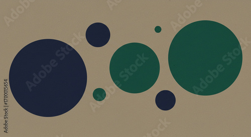 An abstract design featuring various sized dark blue and green circles scattered across a beige background.
