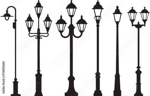 Silhouette Street Lamp Collection Vector Art Illustration: Outdoor Lighting Set Isolated