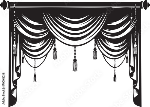 Elegant curtain with tassels classic window decoration vector illustration of drapery in engraving style interior design element home decor