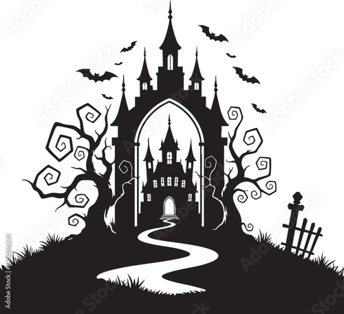 Spooky castle with bats halloween haunted house vector illustration of gothic architecture in engraving style holiday decoration dark fantasy