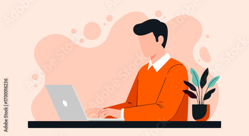 Illustration of a man working on a laptop at a desk with a potted plant, representing remote work or office environment