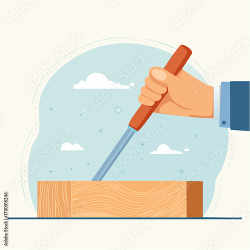 Hand Carving Wood Block With Chisel Tool