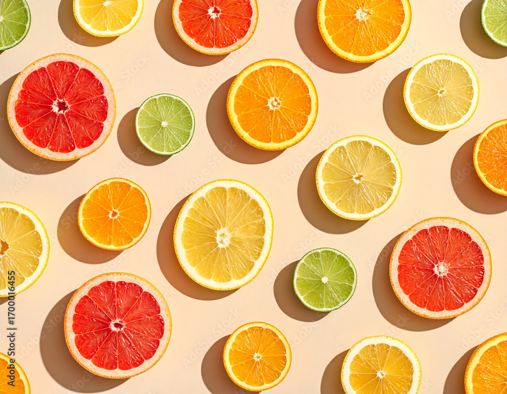 Obraz premium Top view of citrus fruits arranged in a pattern, overhead view