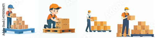 vector of a logistics employee arranging goods on a pallet