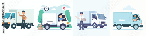 vector of expedition driver delivering packages with box car