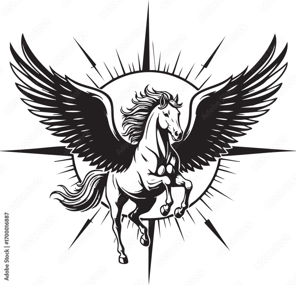 Obraz premium Illustration of a pegasus with wings spread, set against a starburst the artwork is a black and white drawing with intricate details and shading
