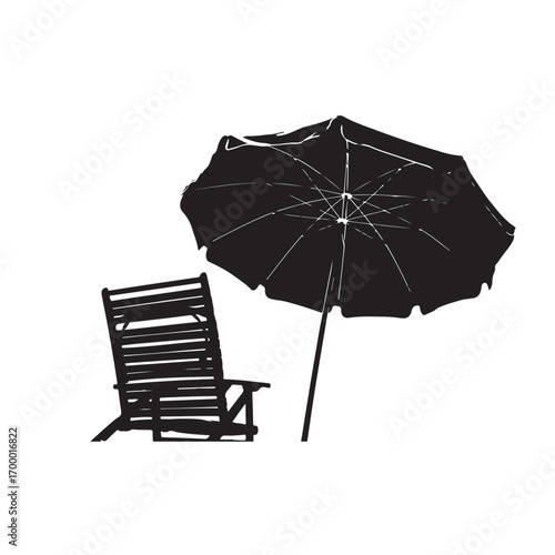 Black beach chair and umbrella silhouette white