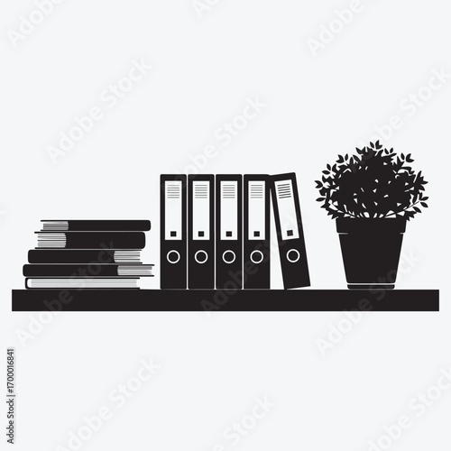 Vector art of stack of books, binders, and potted plant on a shelf
