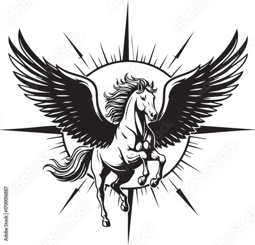 Illustration of a pegasus with wings spread, set against a starburst the artwork is a black and white drawing with intricate details and shading