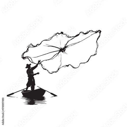 Fisherman casts net from boat casting net fishing