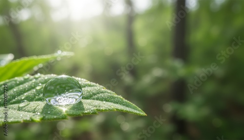 Macro Closeup of Fresh Water Droplet on Green Leaf with Sunlit Background in Upscale Nature Setting, Capturing Delicate Details and Vibrant Colors