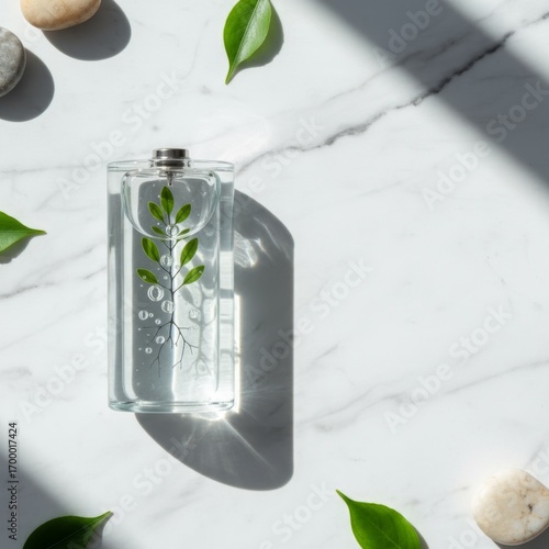 Elegant Transparent Eco-Friendly Battery with Natural Elements on Stylish Flatlay Surface with Soft Shadows and Textures