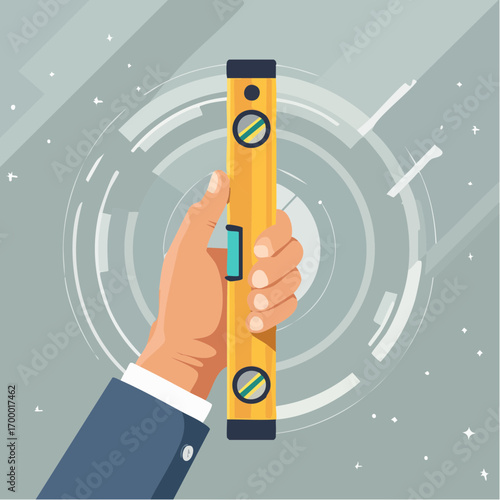 Hand Holding Yellow Spirit Level Tool on Grey Digital Background