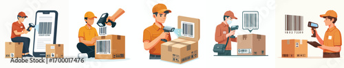 vector of a parcel courier scanning a barcode on a package