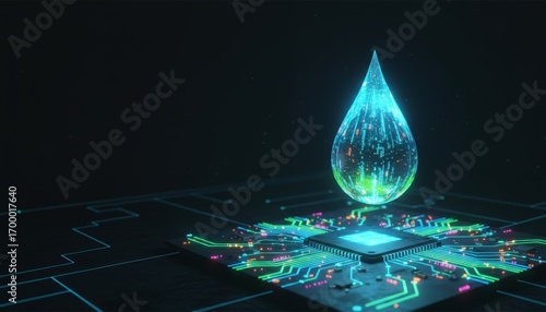 Futuristic Holographic Water Droplet Hovering Above an Upscale Circuit Board Representing Advanced Technology and Innovation