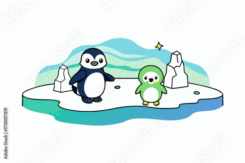 Cute penguins and polar bears playing on ice,  vector illustration