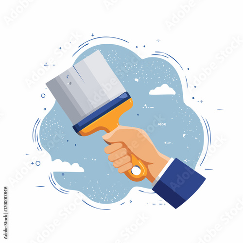 Hand Holding Putty Knife with Blue and White Abstract Background